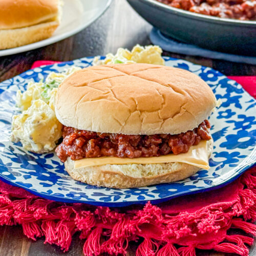 Homemade Mom’s sloppy joes served on hamburger buns with a savory ground beef filling