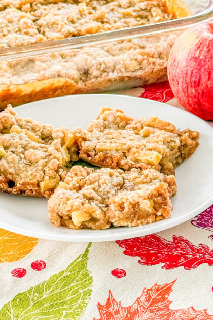 Oatmeal cookie bars filled with caramel and apples