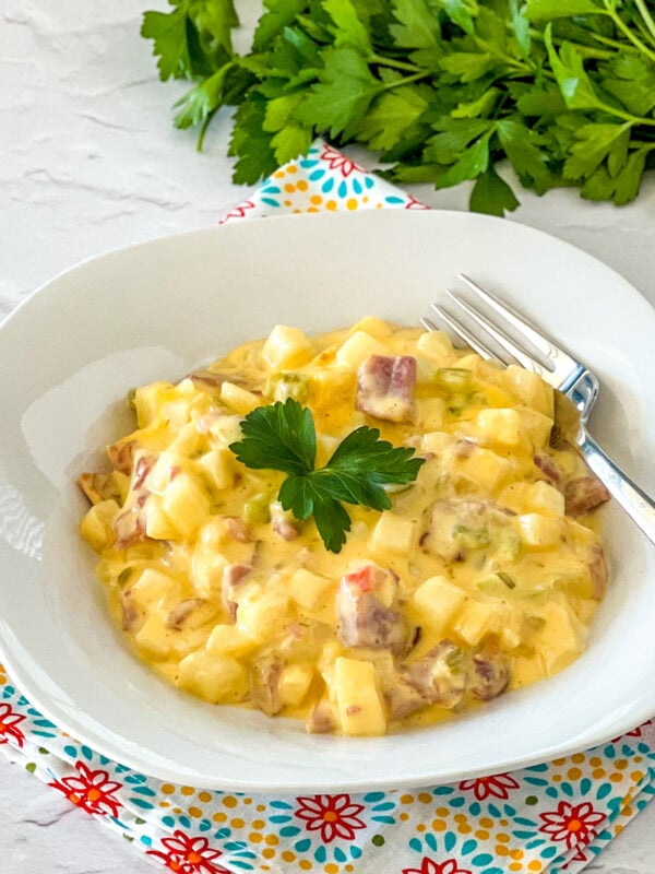ham and cheese potato casserole served up in a bowl