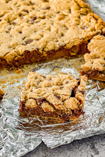 close up of chewy chocolate chip cookie bar