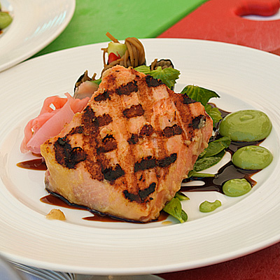 marinated king salmon with vegetarian soba noodle sushi and pea tendril salad