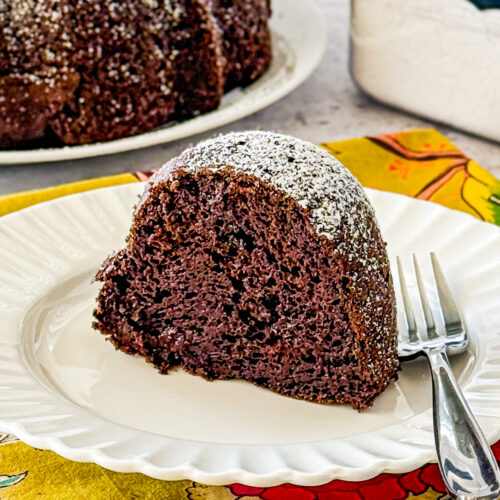 moist chocolate bundt cake with rich chocolate flavor and powdered sugar dusting