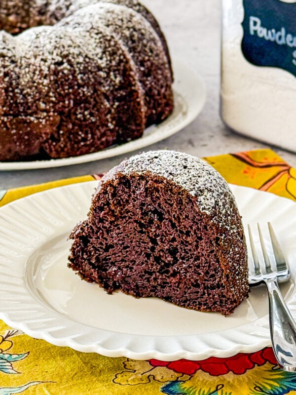 slice of rich chocolate bundt cake showing moist crumb dusted with powdered sugar