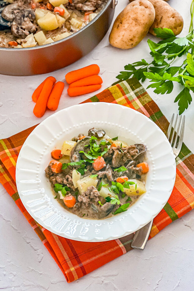 ground beef stew prepared in a skillet