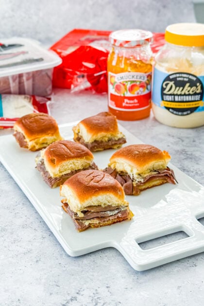 Hot Roast Beef Sliders with havarti and peach preserves