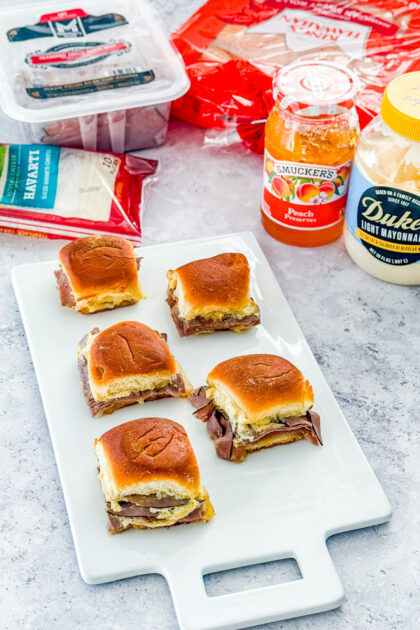 Roast Beef Sliders made on Hawaiian rolls