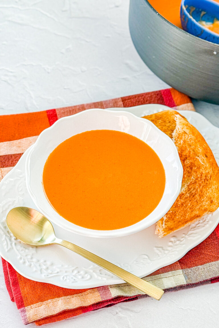 bowl of creamy tomaot soup made with tomato juice
