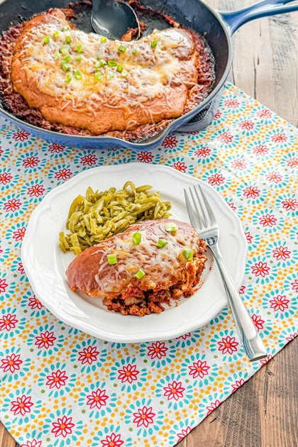 Sloppy Joe Pot Pie with cheddar cheese and fluffy baked topping