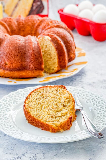 banana bread bundt with a slice cut out