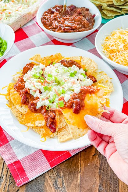 Plate of loaded BBQ pulled pork nachos ready to serve