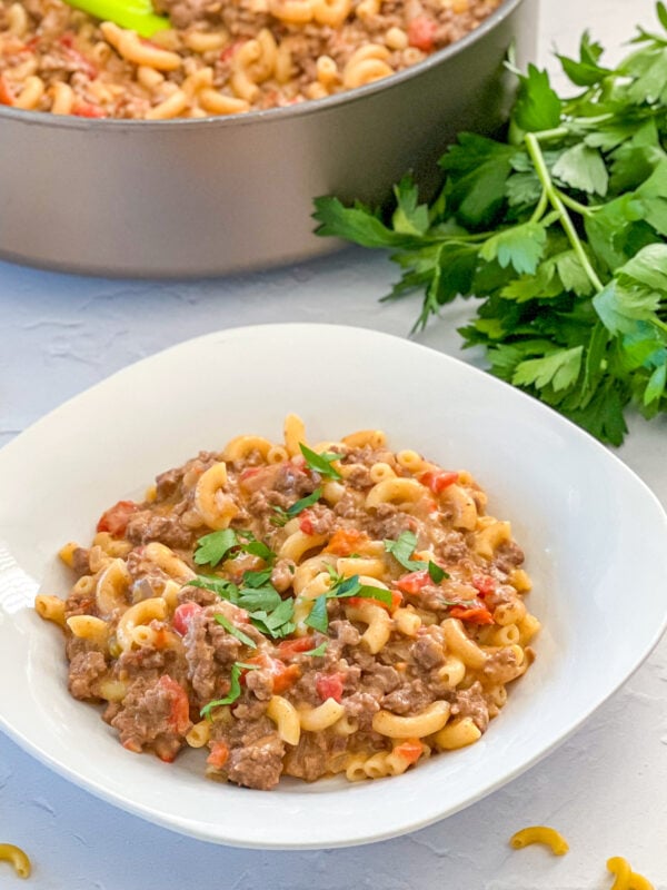 homemade cheeseburger macaroni in a dish