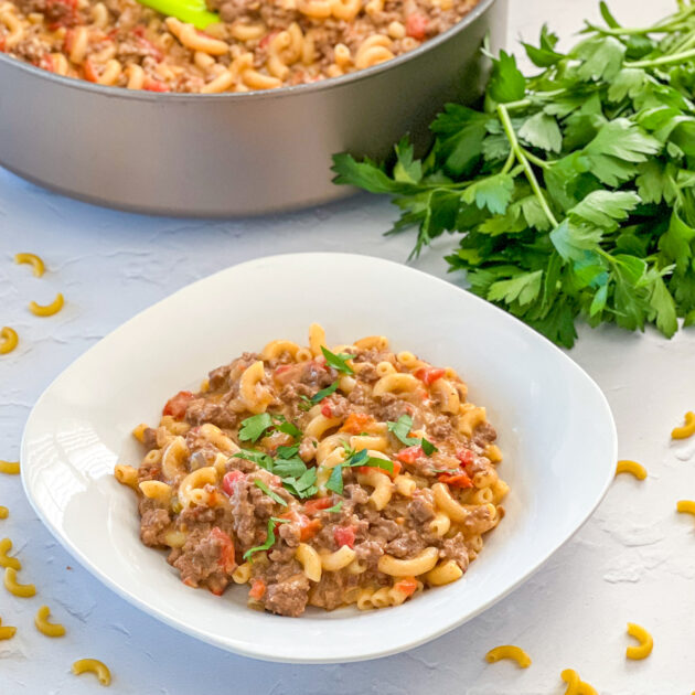 homemade cheeseburger macaroni in a white dish