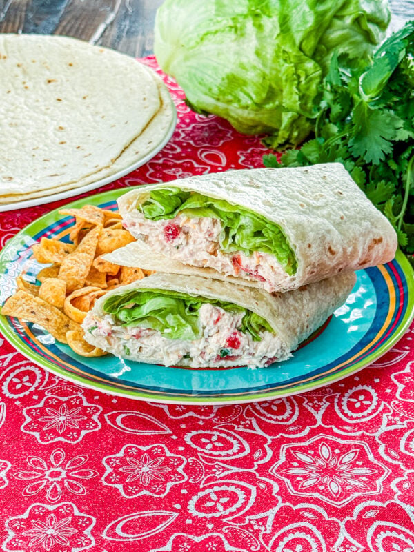Close-up of a chicken enchilada salad wrap with enchilada chicken and fresh lettuce