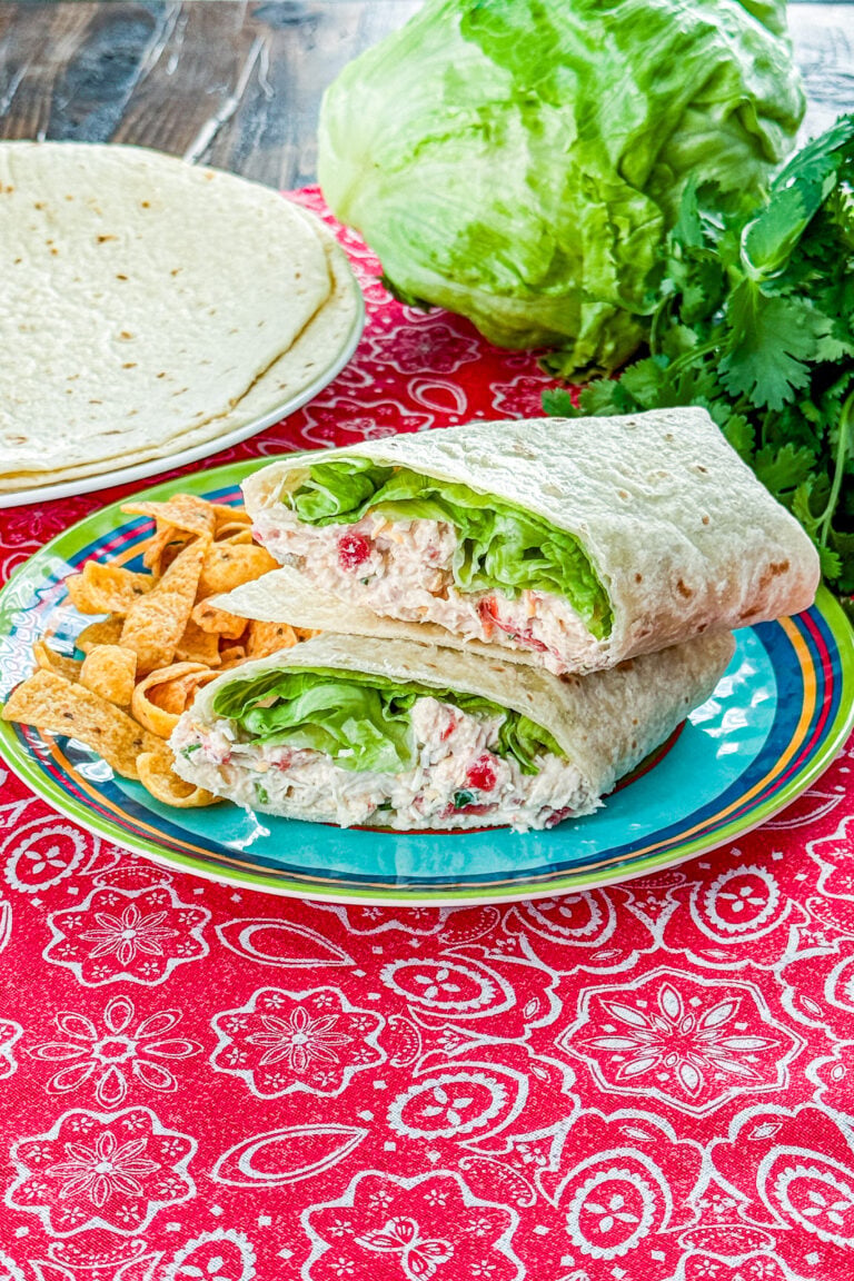 Close-up of a chicken enchilada salad wrap with enchilada chicken and fresh lettuce
