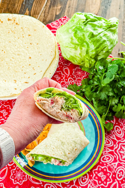 Sliced copen hicken enchilada salad wrap filled with lettuce and the chicken salad