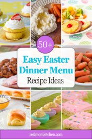 Collage of easy Easter dinner recipes including glazed ham, rolls, side dishes, and spring desserts.