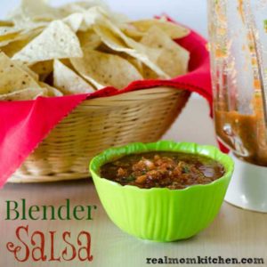 Super Fast Blender salsa with chips in a basket
