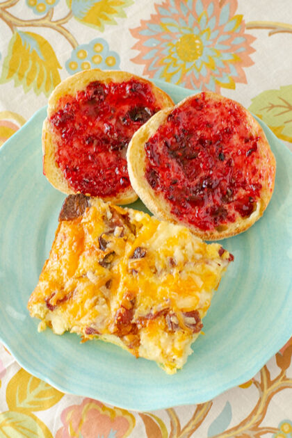 Tater Tot Breakfast Casserole with English Muffins and Jam