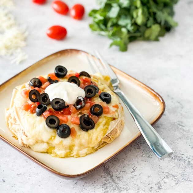 stacked enchiladas with green enchilada sauce