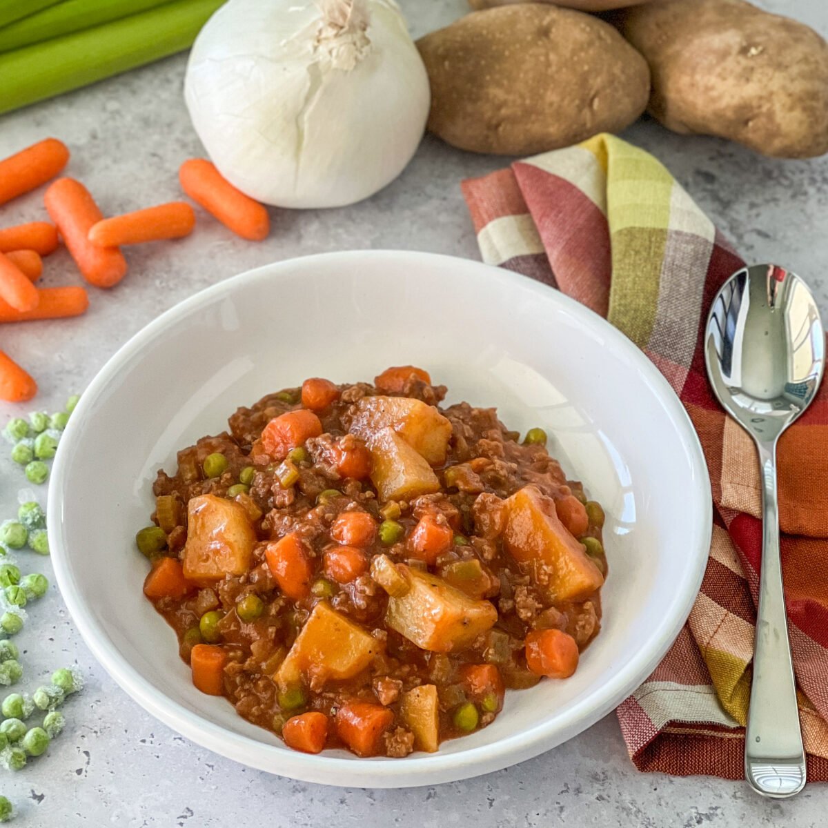 top view of bowl of Easy Hamburger Stew
