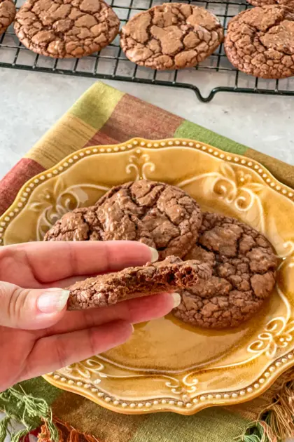 Fudgy Brownie Cookie broken in half