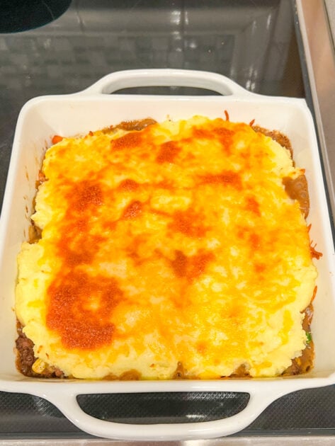 Ground Beef Cottage Pie right out of the oven.