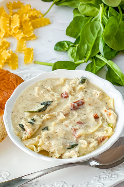 Close up of white chicken lasagna soup