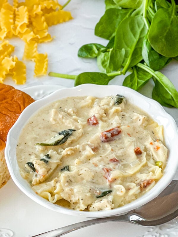 Close up of white chicken lasagna soup