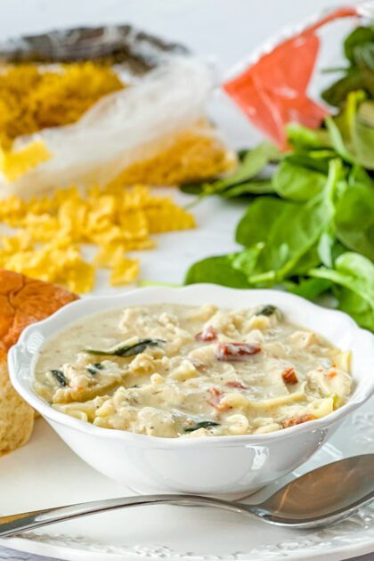 bowl of white chicken lasagna soup
