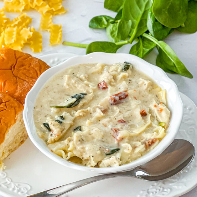 bowl of creamy white chicken lasagna soup