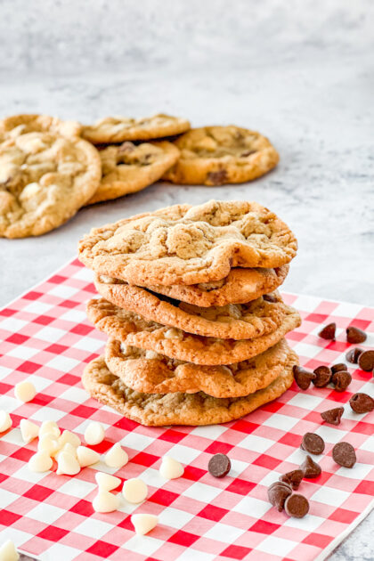Side view of a stack of Mama Kelce's Chocolate Chip Cookies