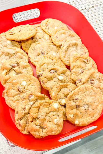 Chocolate Chip Cookies in a red tray