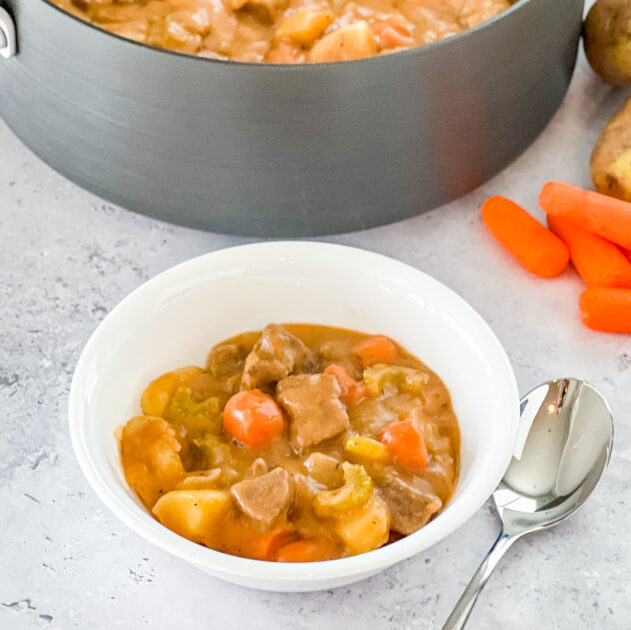 beef stew served in a white bowl