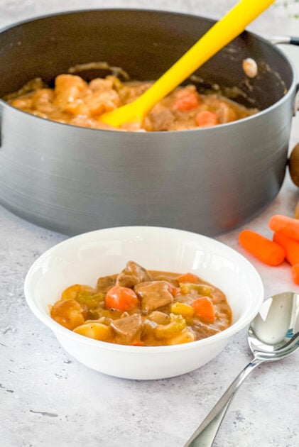 pot of beef stew with a serving in a white bowl in front of pot