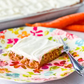 Sheet Pan Carrot cake slice on a floral plate