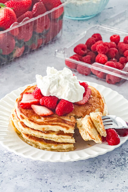 Amish buttermilk pancakes with bite cut on fork