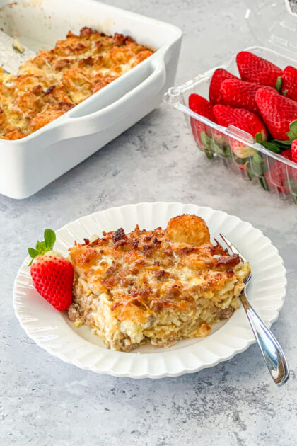 brakfast casserole make with sausage eggs and tater tots