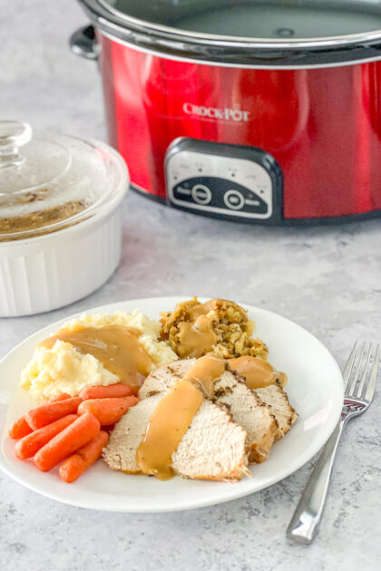 Slices of slow cooker savory turkey breast on a white plate