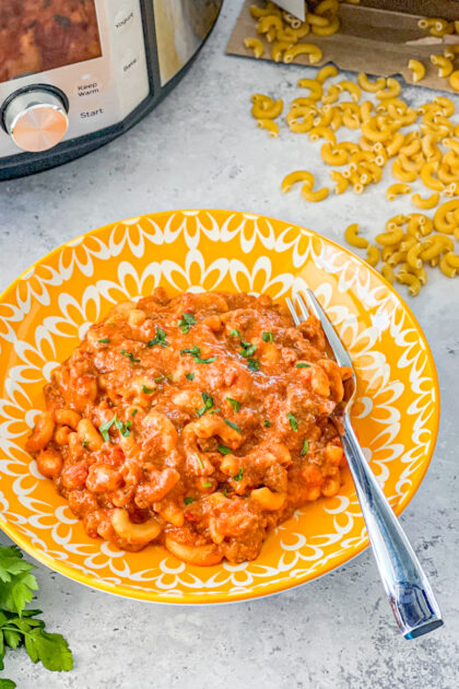 upclose bowl of Instant Pot American Goulash