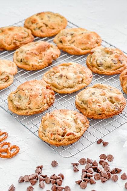 caramel filled pretzel chocolate chip cookies