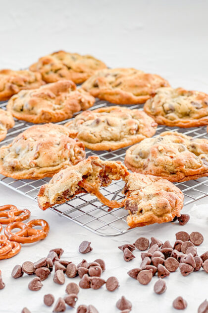 gooey caramel center of salted caramel pretzel chocolate chip cookie