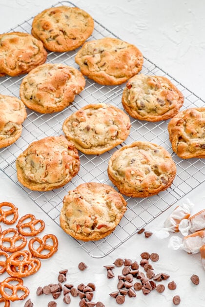 Salted Caramel Pretzel Chocolate Chip Cookies on cooling rack