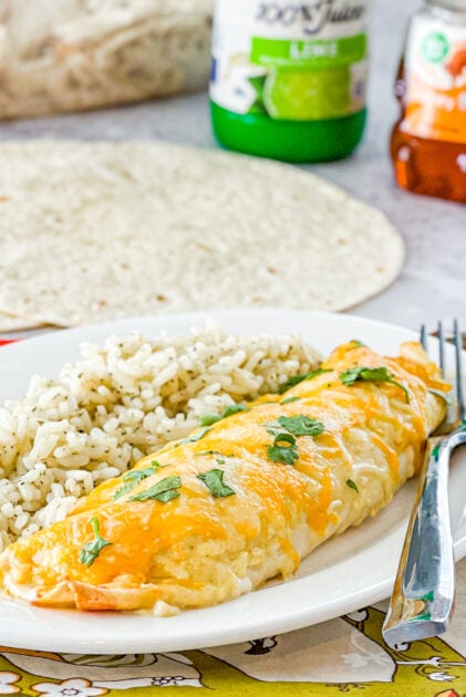 Honey Lime Chicken Enchiladas on plate next to rice
