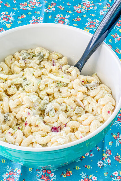 large bowl of creamy macaroni salad