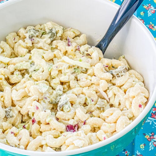 large bowl of creamy macaroni salad