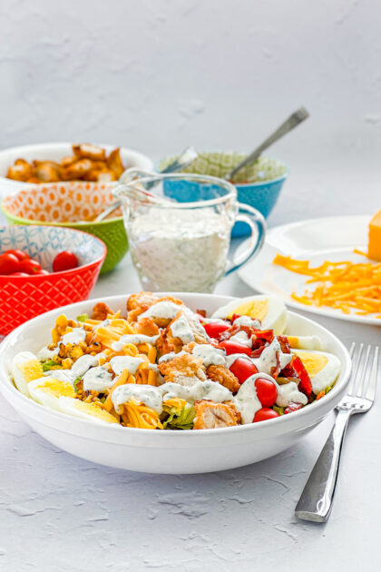 chicken coob salad drizzled with homemade ranch dressing