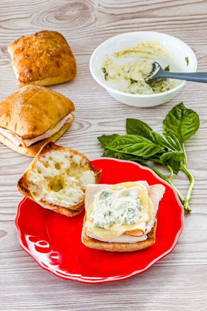 turkey and provolone on toasted ciabatta roll with basil mayo