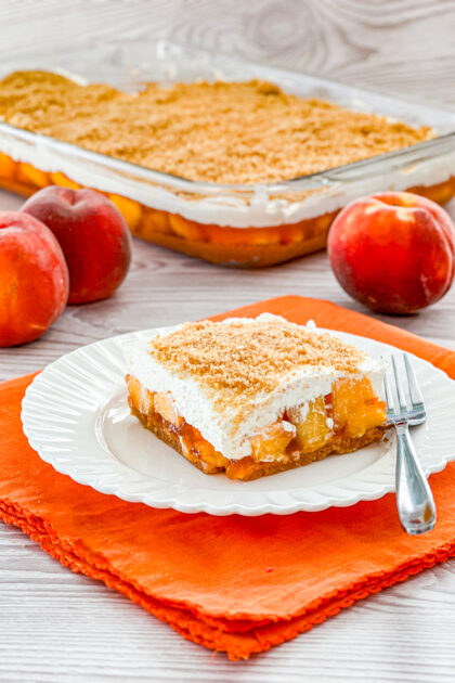 fresh peaches in a layered dessert recipe