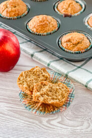 cinnamon applesauce muffin made with no egg, broken in half