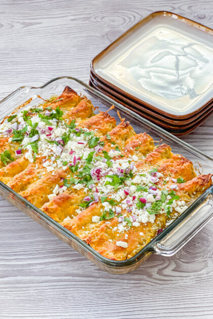 pan of street corn chicken enchiladas
